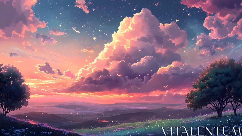 Luminous stratocumulus sunset over stylized alpine meadowscape.