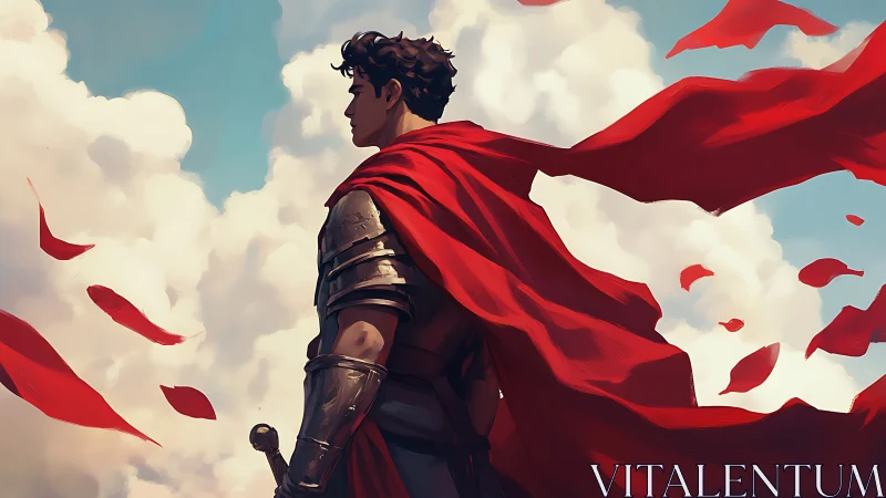 Profile view of armored hero in wind-torn red cloak against sky