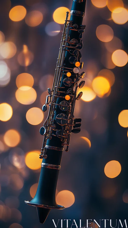 Clarinet glows against warm bokeh concert lights at night.