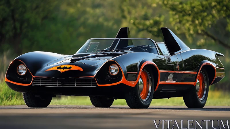 Photorealistic retro Batmobile roadster with sleek gloss finish.