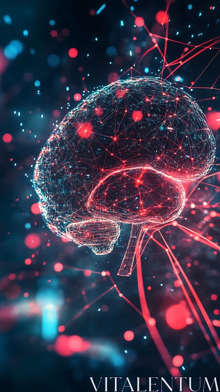 Neon digital brain network under glowing data grid.