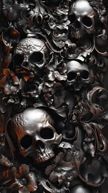 Baroque metallic skull relief with entwined floral structures.
