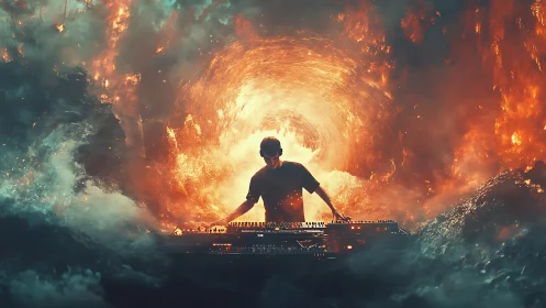 DJ silhouette commands synthesizers amid cosmic fire vortex