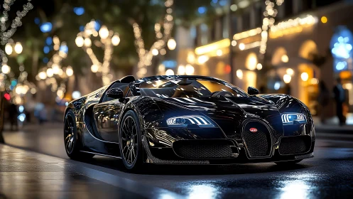 Black hypercar parked on illuminated city street at night.