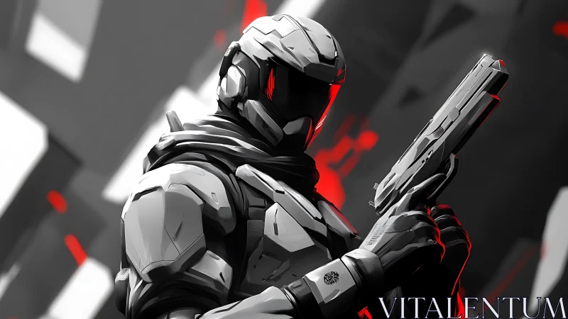 Armored cybernetic operative aims pistol in stark monochrome