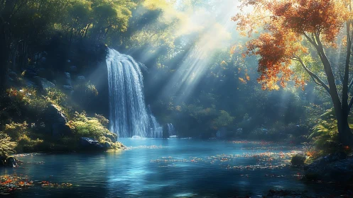 Waterfall, forest pool and sunlit foliage in soft morning light.