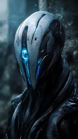 Midnight sentinel android with icy blue luminous gaze stands.