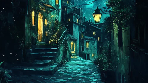 Soft lantern light welcomes wanderers to a moonlit alley