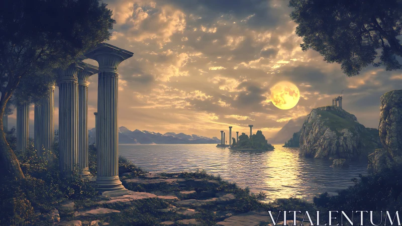 Ancient coastal temple ruins glow beneath a rising moon.