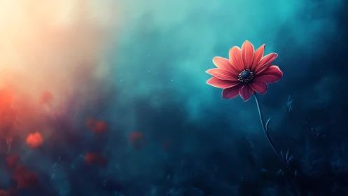 Digital rendered daisy exhibits chromatic isolation through teal gradient atmospheric depth