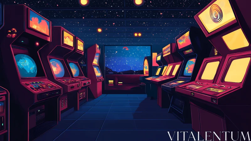 Retro arcade corridor glows under a neon star-filled sky