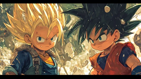 Two young fighters facing off amid suspended stone debris.