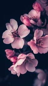 Pink Cherry Blossoms Against Dark Background with Selective Focus.