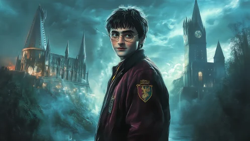 Nocturnal wizard student before twin neo-gothic towers.