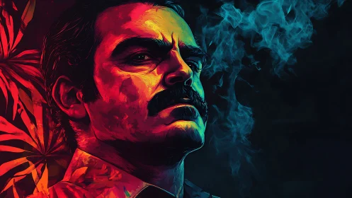 Male portrait in high-contrast neon lighting with smoke.