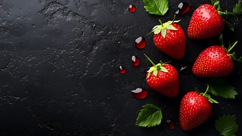 Fresh strawberries on dark stone with glossy highlights.