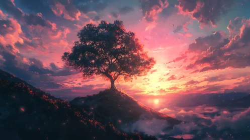 Solitary hilltop tree drinks deep from the molten sunset sky
