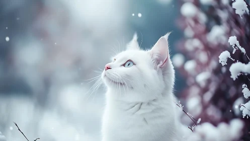 White Cat in Snow-Covered Winter Landscape.