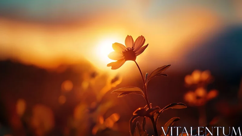 Backlit wildflower silhouette in glowing sunset haze.