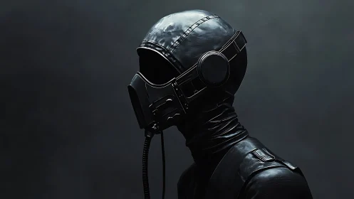 Cybernetic figure in black respirator suit faces void