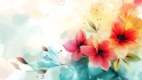 Watercolor Floral Composition: Red-Orange Hibiscus with Teal Botanical Elements