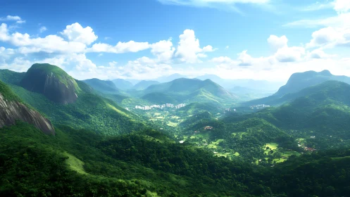 Photorealistic tropical valley panorama with distant urban core.