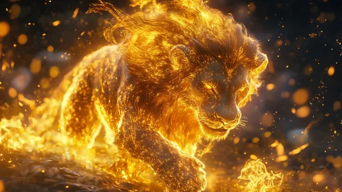 Fiery celestial lion strides through embers and sparks.