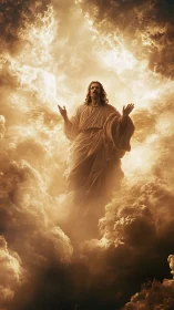 Radiant figure rising gently through glowing golden clouds.