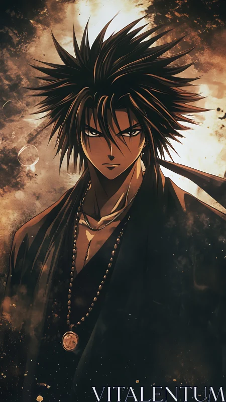 High-contrast anime warrior portrait with dynamic rim lighting