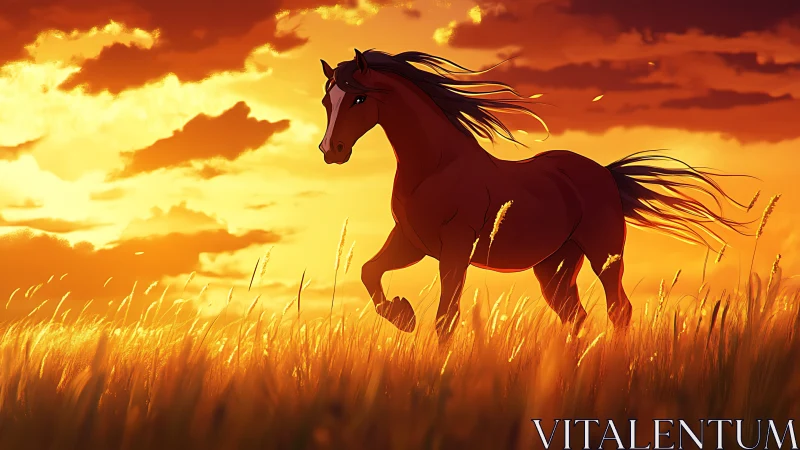 Dynamic anime horse in blazing sunset grassland panorama.