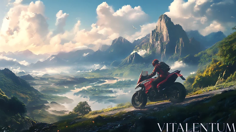 Lone motorcyclist pauses above a vast emerald valley at dawn