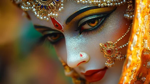 Ornate goddess visage in hyper-detailed digital close-up.