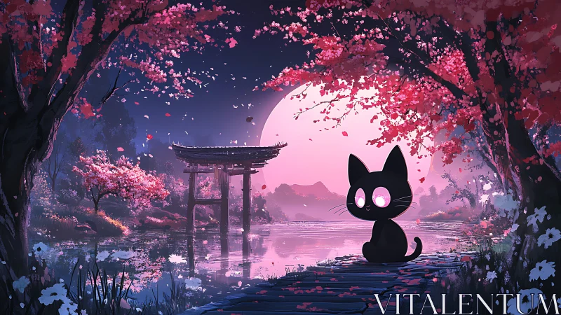 Celestial-eyed black cat by torii gate under sakura moonlit sky