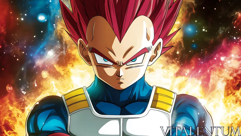 Intense anime warrior portrait before cosmic firestorm.