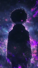 Cosmic silhouette of a child dissolving into violet nebulae.
