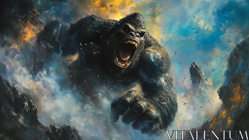 Giant roaring gorilla charges through smoky, fiery clouds.