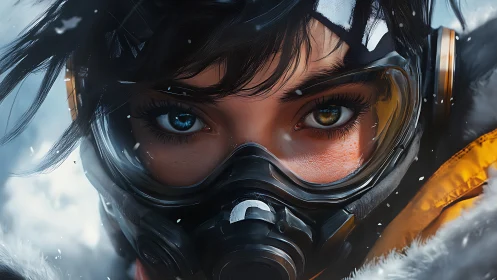 Intense Winter Athlete in Ski Goggles and Protective Gear.