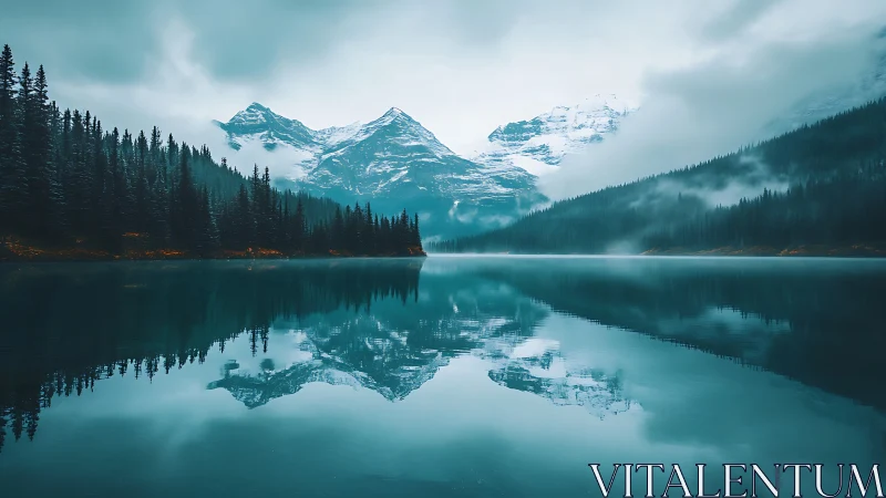 Snowy mountain lake with pine forest and calm reflection.