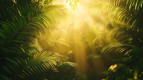 Sunlight penetrating dense tropical palm foliage canopy.