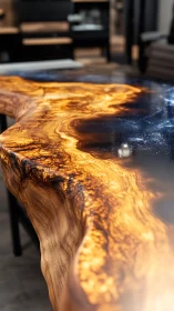 Live edge wood and resin table surface in close focus