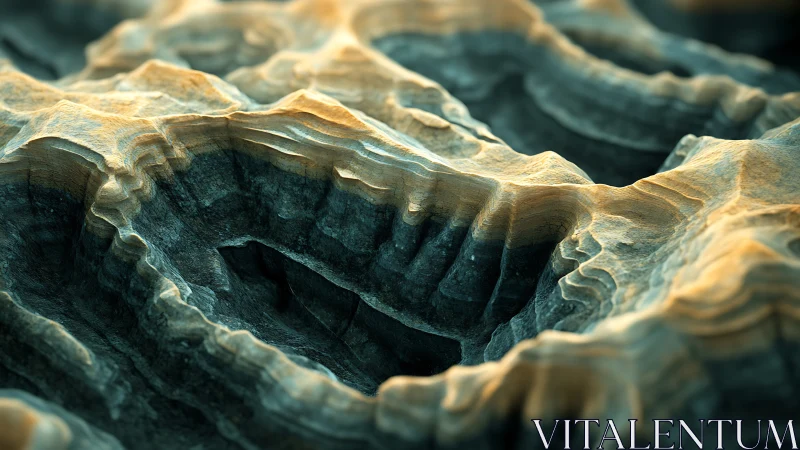 Layered geological microcanyon rendered in shallow depth focus