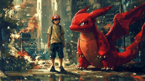 Trainer with red dragon creature in textured urban ruins.