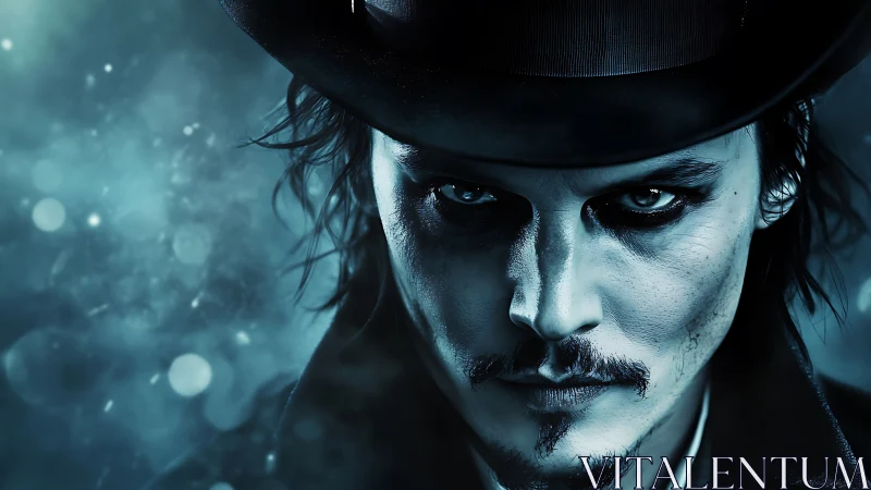 Digital portrait shows pale man in top hat with intense gaze