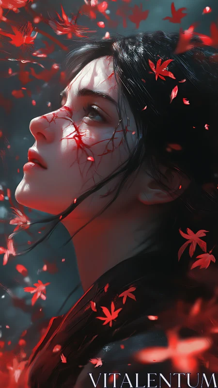 Woman with glowing red veins gazes upward amid falling leaves