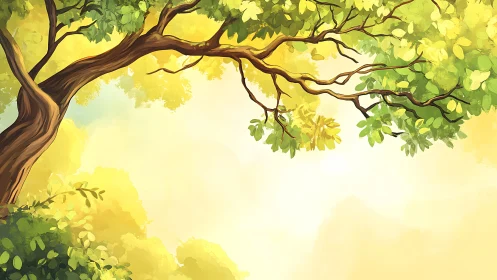 Sunlit canopy branches over warm glowing forest sky.