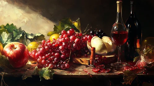 Still life of fruit, cheese, wine bottles and glass.