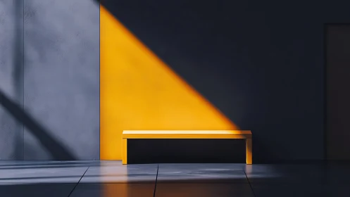 Minimalist Gold Bench with Dramatic Sunlight in Empty Space
