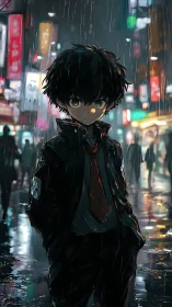 Rain-soaked city street shelters a quiet, determined boy