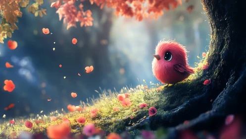 Cute fluffy red bird in magical forest, whimsical digital art.