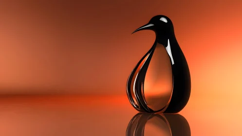 Sleek glass penguin sculpture on orange gradient background.
